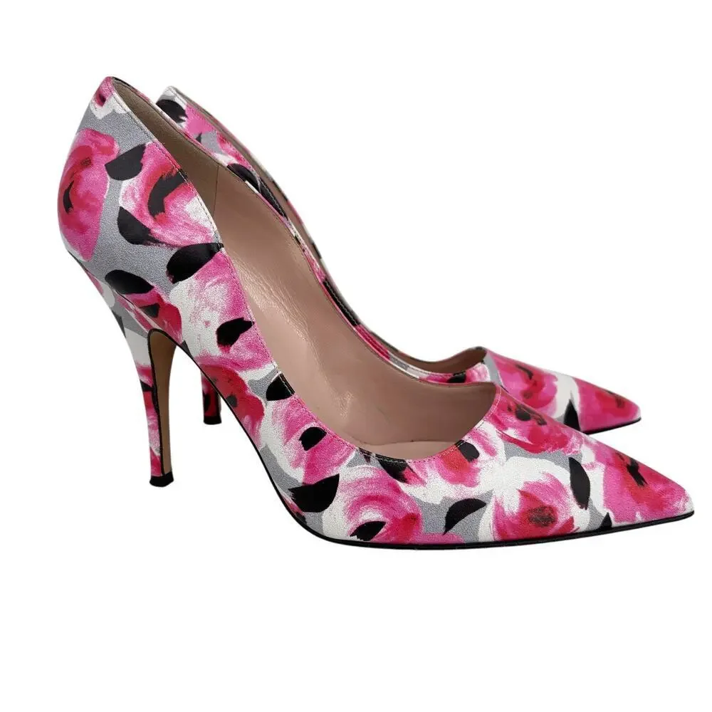 Kate Spade Pump Heels Size 8.5  Licorice Pink Floral Leather Pointed Toe Italy - Picture 2 of 8